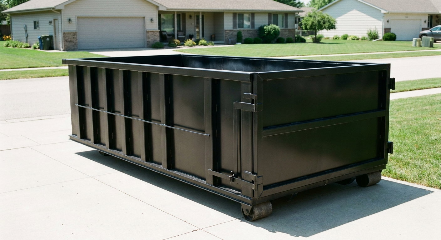 Matte-black 10-yard roll-off dumpster on a residential concrete driveway in Kent, uniformly painted matte black across every panel and rail, ribbed steel sidewalls and rear swing door visible, mid-day daylight.