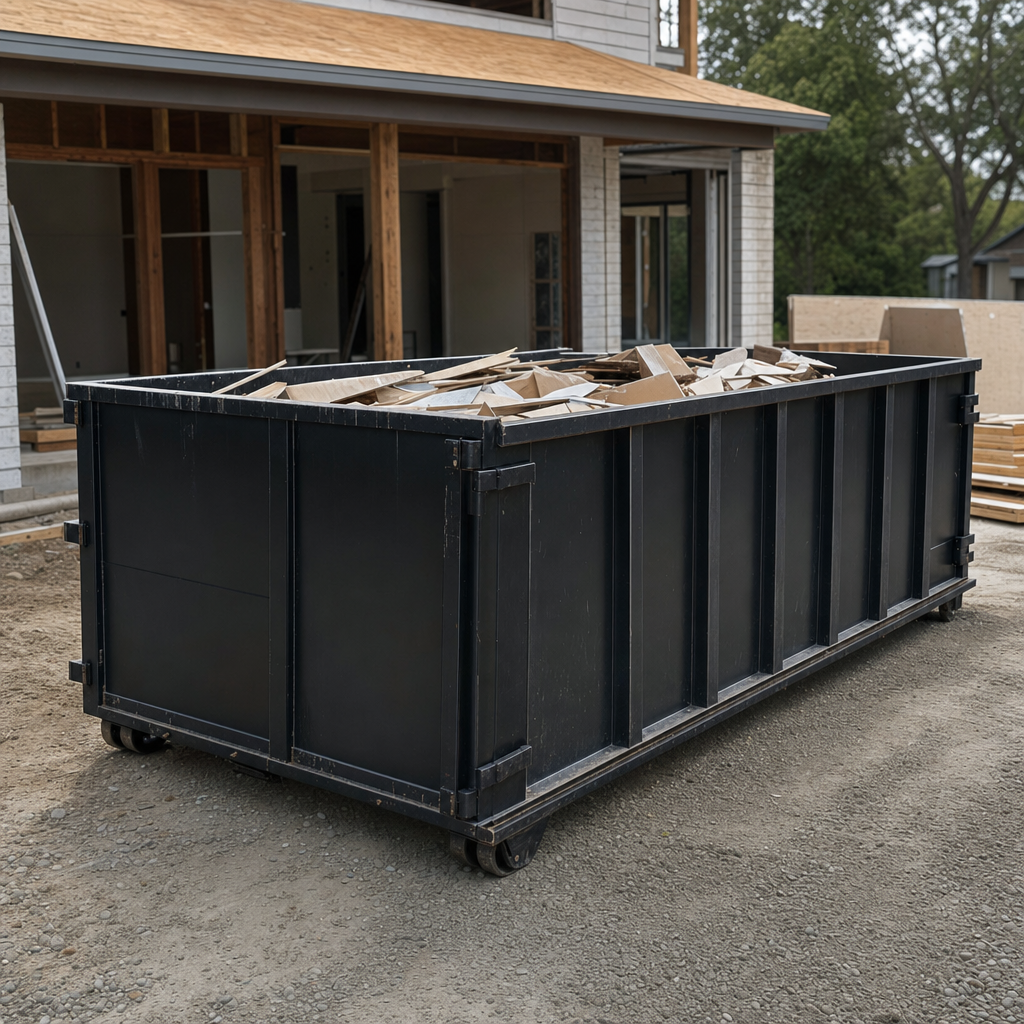 Large matte-black 30-yard construction roll-off dumpster at an active Kent jobsite, steel-gray top rails and bottom rollers visible, loaded with construction debris.