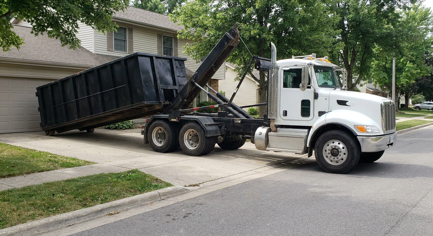 White-cab hooklift roll-off truck actively lowering a matte-black dumpster onto a Kent residential concrete driveway, the dumpster's rear wheels touching the driveway as the hoist arm tilts the bed forward, mid-morning daylight.