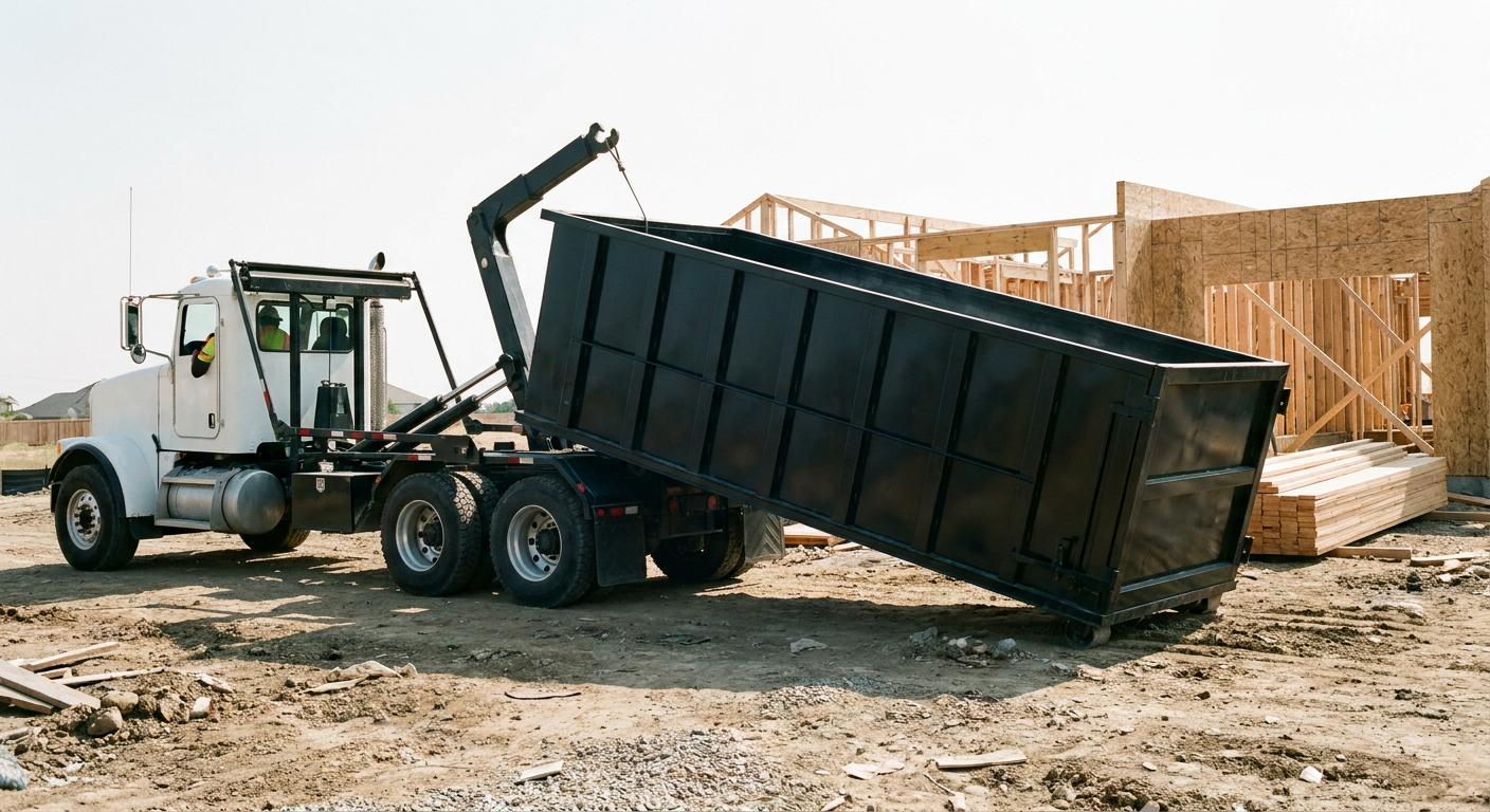 Matte-black roll-off dumpster being delivered onto a clean residential concrete driveway in Kent by an unmarked white hooklift hauler truck, bright morning daylight, documentary 35mm perspective.